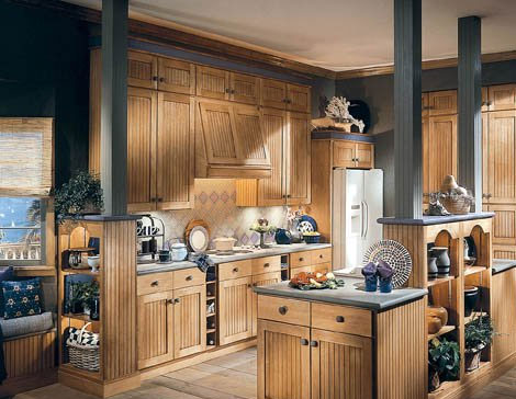 Brown kitchen cabinets.